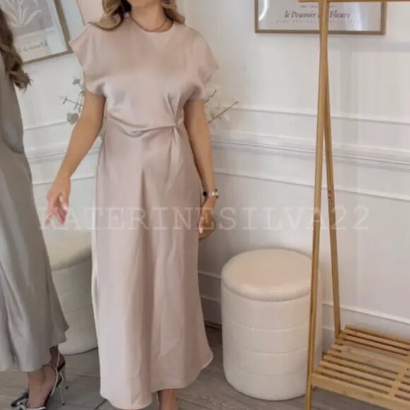 ZARA SATIN MIDI DRESS WITH GATHERED WAIST - Picture 5 of 7